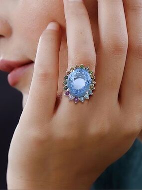 Swiss Blue Topaz & Multi-Tourmaline Sunburst Ring 26.75 ctw